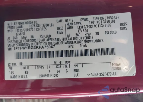 2019 Ford F-150 Raptor z USA, uszkodzony, nr VIN 1FTFW1RG3KFA75967